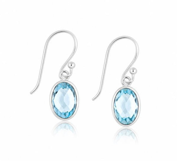 Zilveren oorhangers met ovale edelstenen - 925 zilver - 10 x 7 mm · Blauwe Topaas · productfoto · steen:blauwe-topaas