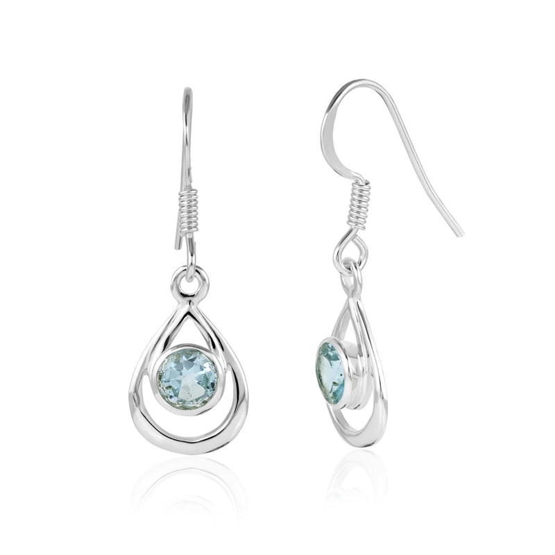 Zilveren oorhangers met ronde edelsteen in open druppel - 925 zilver · Blauwe Topaas · productfoto · steen:blauwe-topaas