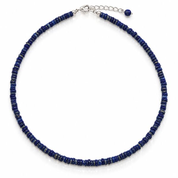 Zilveren collier met plat schijfvormige edelstenen - 925 zilver - 5 mm · Lapis Lazuli · productfoto · steen:lapis-lazuli