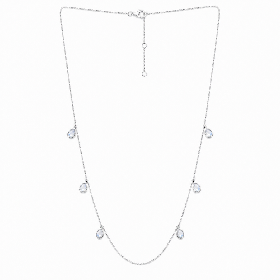 Zilveren collier met druppelvormig hangende edelsteen - 925 zilver - 40 cm · Regenboog Maansteen · productfoto · steen:regenboog-maansteen