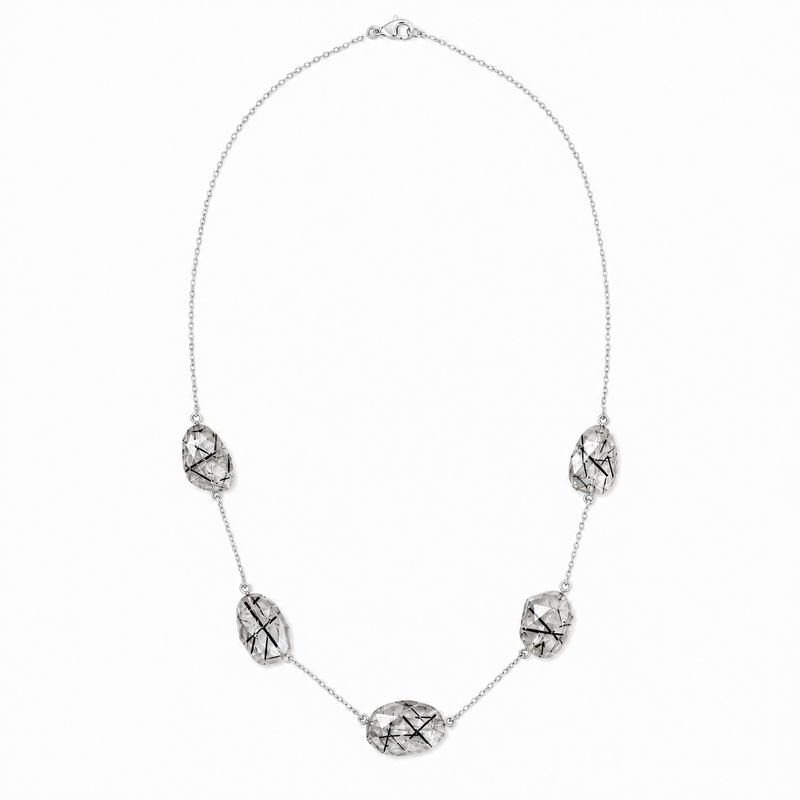 Zilveren collier met vrijvormig in kap gezette edelsteen, gefacetteerd - 925 zilver - 49 cm · Toermalijnkwarts · productfoto · steen:toermalijnkwarts