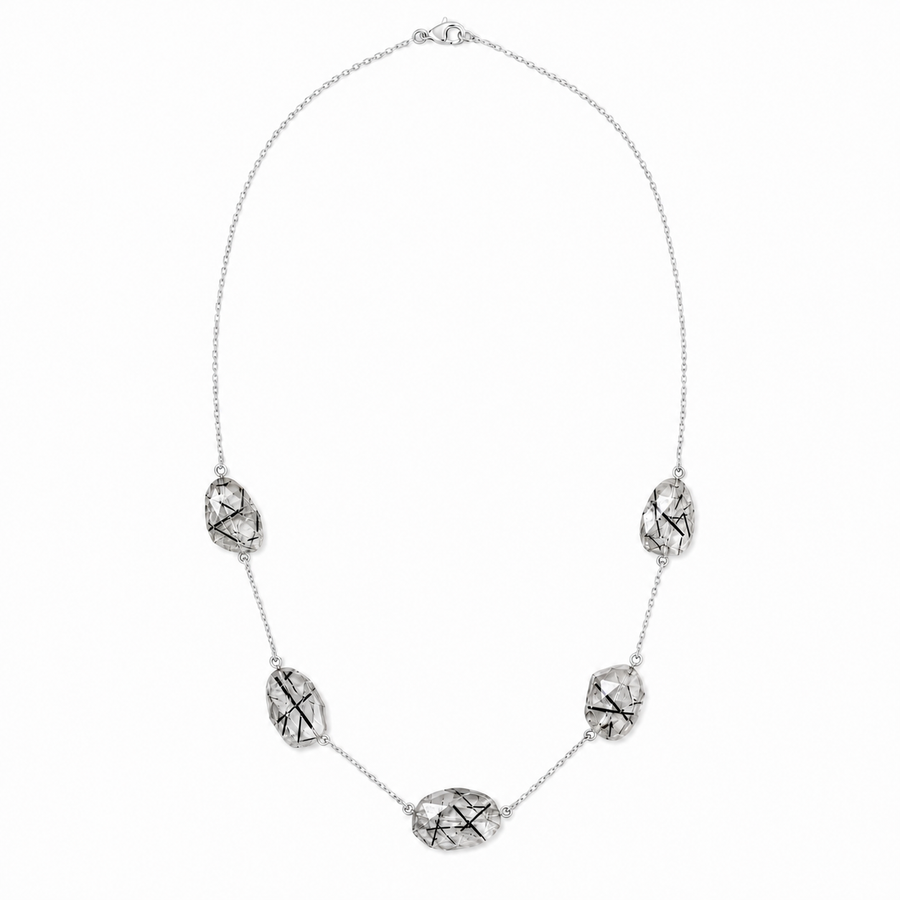 Zilveren collier met vrijvormig in kap gezette edelsteen, gefacetteerd - 925 zilver - 49 cm · Toermalijnkwarts · productfoto · steen:toermalijnkwarts