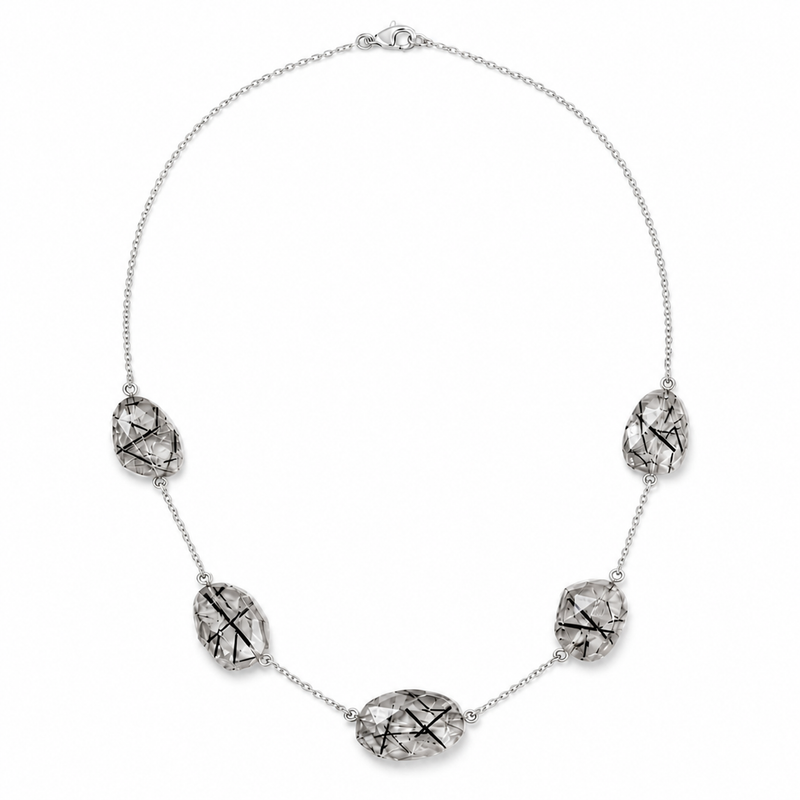 Zilveren collier met vrijvormig in kap gezette edelsteen, gefacetteerd - 925 zilver - 49 cm · Toermalijnkwarts · detail · steen:toermalijnkwarts