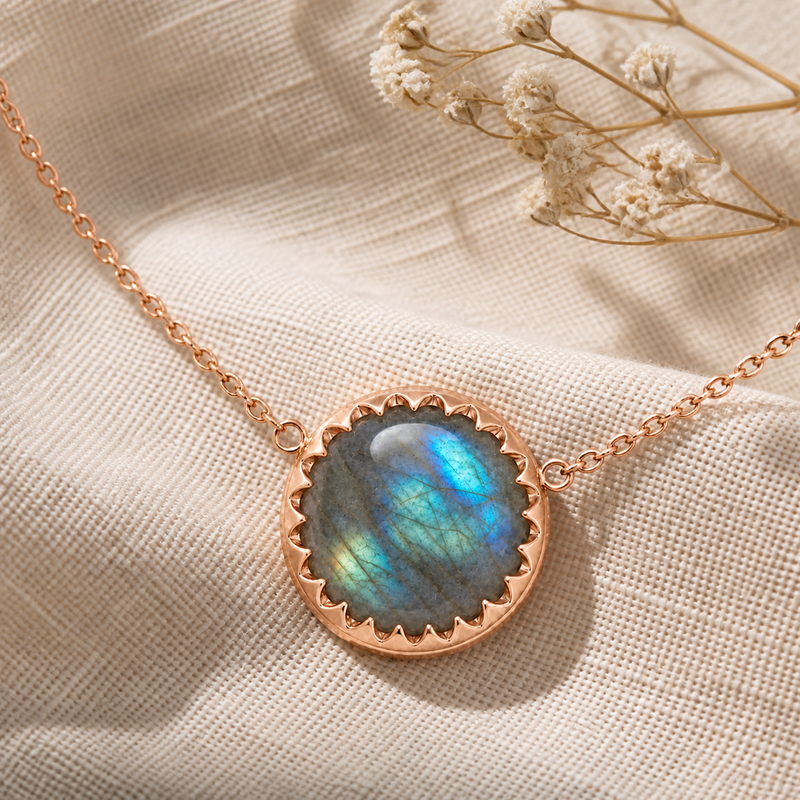 Zilveren collier met rond in geschulpte zetting gezette edelsteen - 925 zilver - 10 mm · Labradoriet · sfeerbeeld · steen:labradoriet