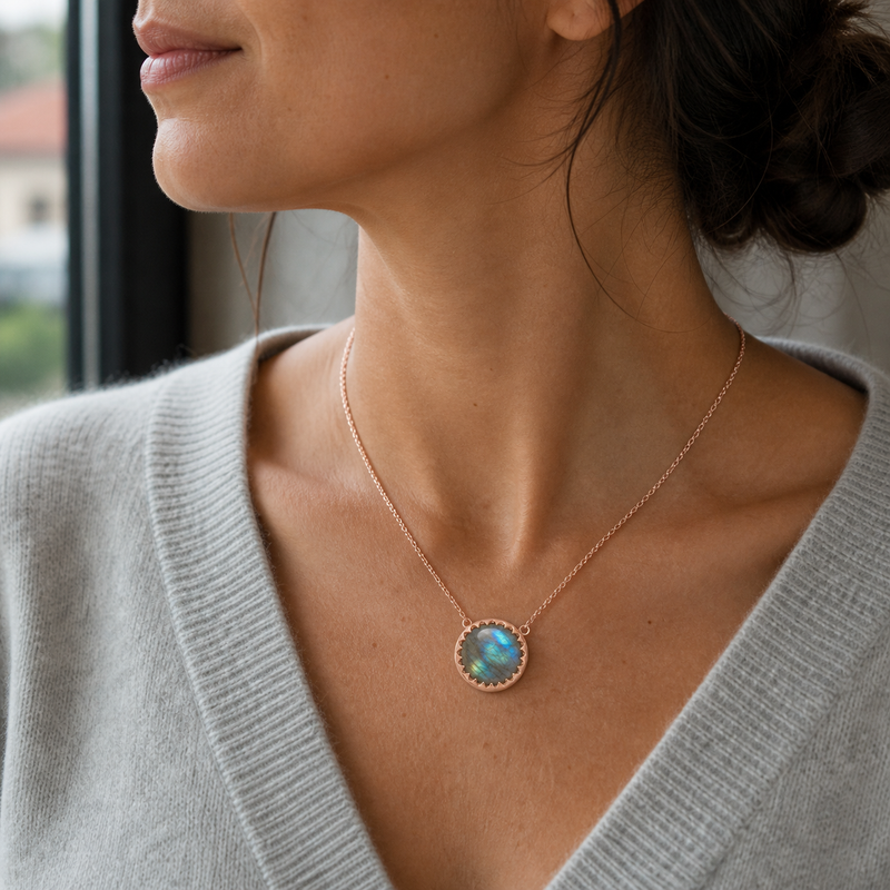 Zilveren collier met rond in geschulpte zetting gezette edelsteen - 925 zilver - 10 mm · Labradoriet · gedragen · steen:labradoriet