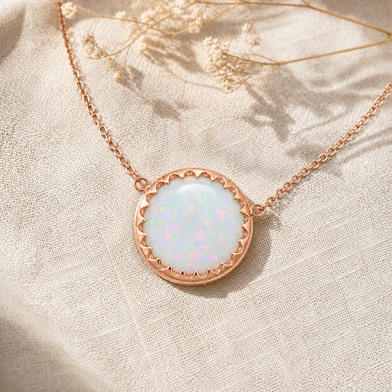 Zilveren collier met rond in geschulpte zetting gezette edelsteen - 925 zilver - 10 mm · Opaal · sfeerbeeld · steen:opaal