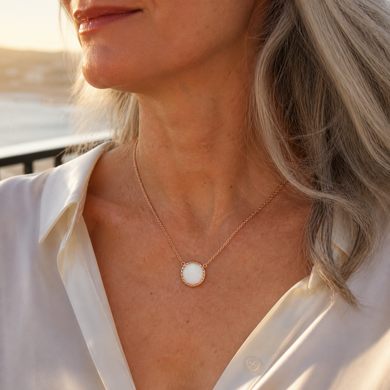 Zilveren collier met rond in geschulpte zetting gezette edelsteen - 925 zilver - 10 mm · Opaal · gedragen · steen:opaal