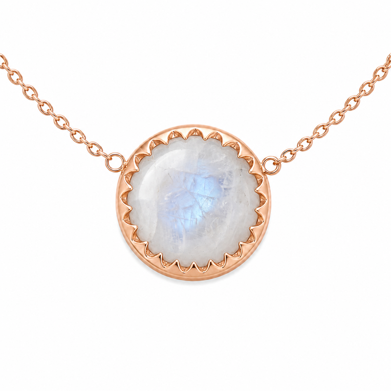 Zilveren collier met rond in geschulpte zetting gezette edelsteen - 925 zilver - 10 mm · Regenboog Maansteen · productfoto · steen:regenboog-maansteen
