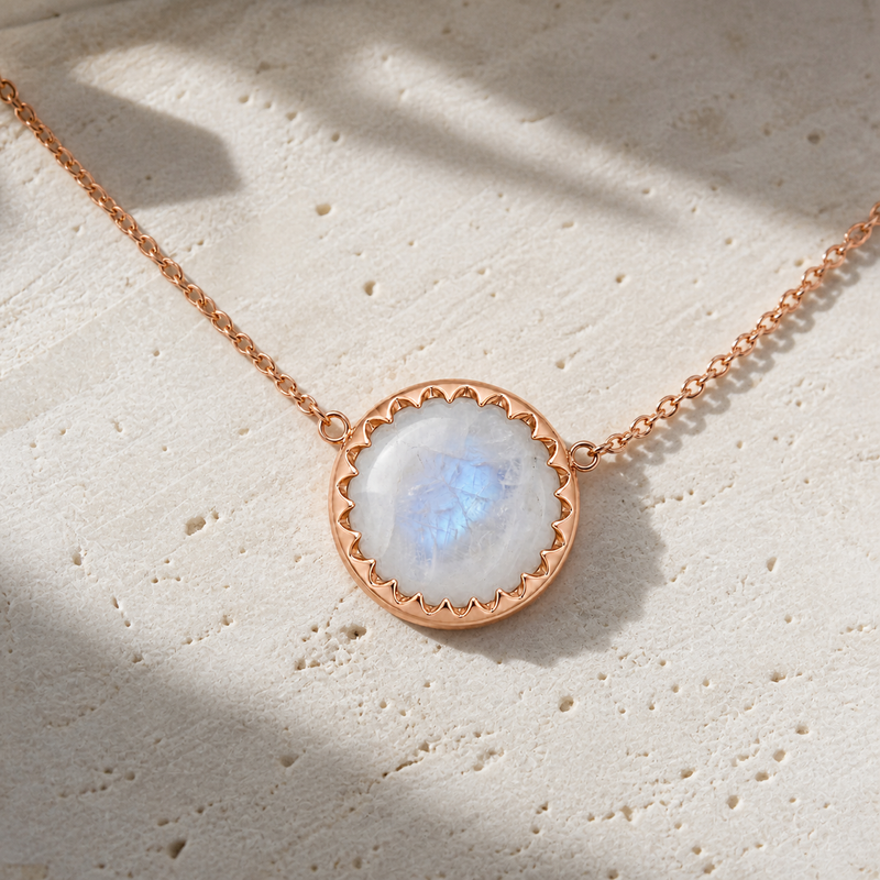 Zilveren collier met rond in geschulpte zetting gezette edelsteen - 925 zilver - 10 mm · Regenboog Maansteen · sfeerbeeld · steen:regenboog-maansteen