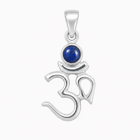Zilveren Aum hanger met ronde edelsteen - 925 zilver - 27 x 13 mm · Lapis Lazuli