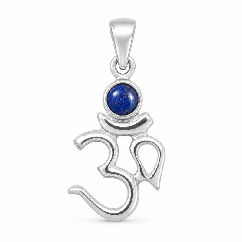 Zilveren Aum hanger met ronde edelsteen, gefacetteerd - 925 zilver - 27 x 13 mm · Lapis Lazuli · detail · steen:lapis-lazuli