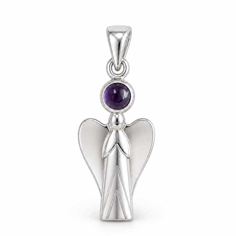Zilveren Engel hanger met edelsteen - 925 zilver - 30 x 11 mm · Amethist · detail · steen:amethist