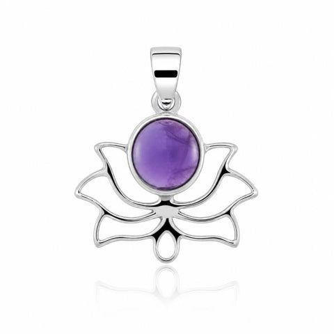 Zilveren lotus hanger met rond geslepen edelsteen - 925 zilver - 24 x 20 mm · Amethist