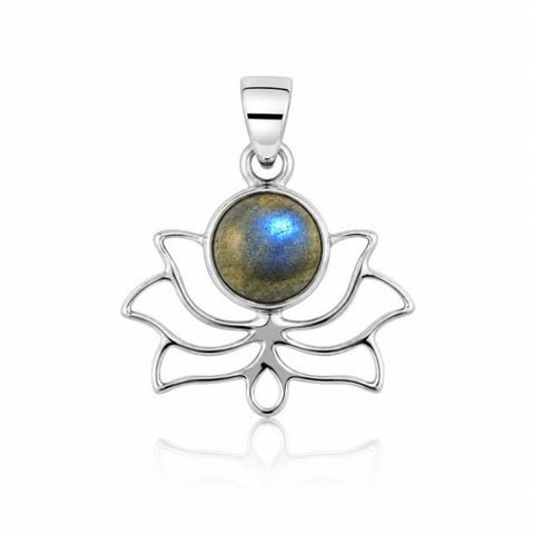 Zilveren lotus hanger met rond geslepen edelsteen - 925 zilver - 24 x 20 mm · Labradoriet