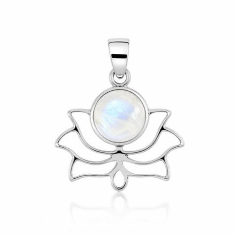 Zilveren lotus hanger met rond geslepen edelsteen - 925 zilver - 24 x 20 mm · Regenboog Maansteen