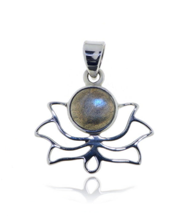 Zilveren lotus hanger met rond geslepen gladde edelsteen - 925 zilver - 24 x 20 mm