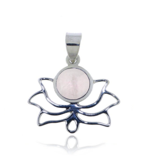 Zilveren lotus hanger met rond geslepen gladde edelsteen - 925 zilver - 24 x 20 mm