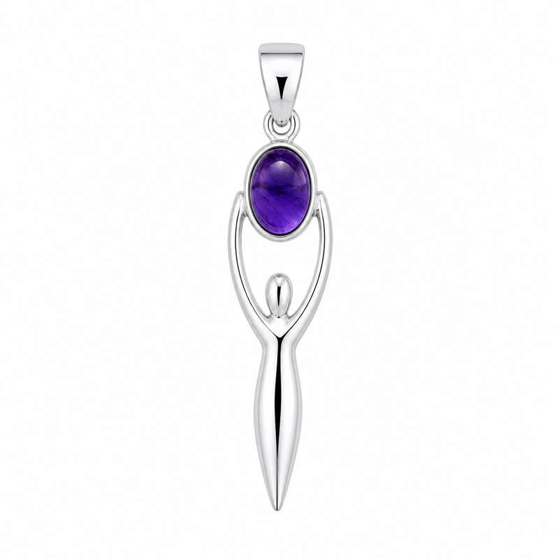 Zilveren Godin van de Aarde, Gaia hanger met ovale edelsteen - 925 zilver - 45 x 10 mm · Amethist · productfoto · steen:amethist
