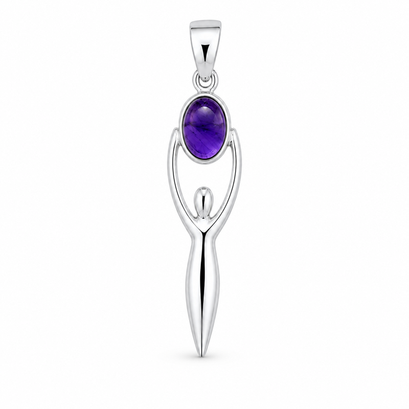 Zilveren Godin van de Aarde, Gaia hanger met ovale edelsteen - 925 zilver - 45 x 10 mm · Amethist · detail · steen:amethist