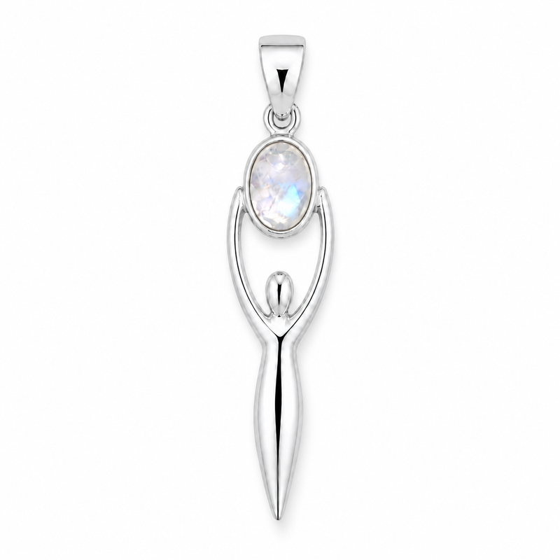 Zilveren Godin van de Aarde, Gaia hanger met ovale edelsteen - 925 zilver - 45 x 10 mm · Regenboog Maansteen · detail · steen:regenboog-maansteen