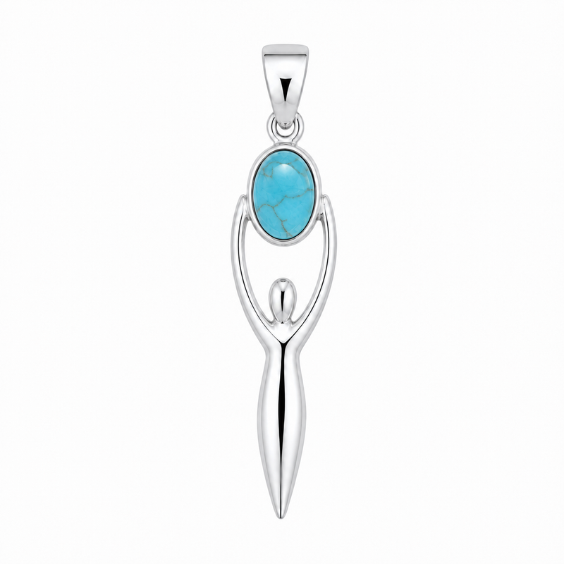 Zilveren Godin van de Aarde, Gaia hanger met ovale edelsteen - 925 zilver - 45 x 10 mm · Turkoois · productfoto · steen:turkoois