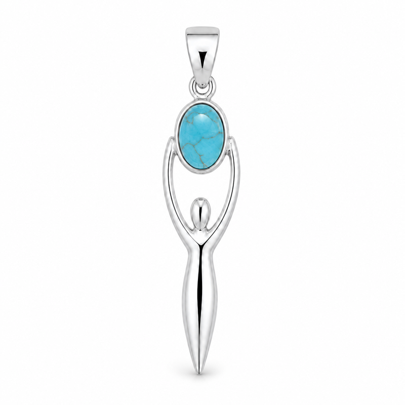 Zilveren Godin van de Aarde, Gaia hanger met ovale edelsteen - 925 zilver - 45 x 10 mm · Turkoois · detail · steen:turkoois