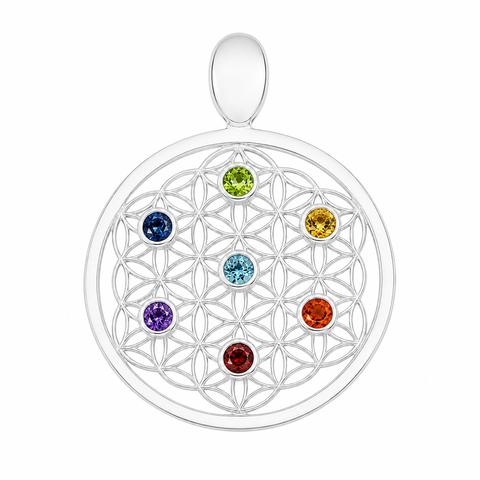 Zilveren Flower of Life hanger met diverse edelsteen - 925 zilver - 40 x 32 mm