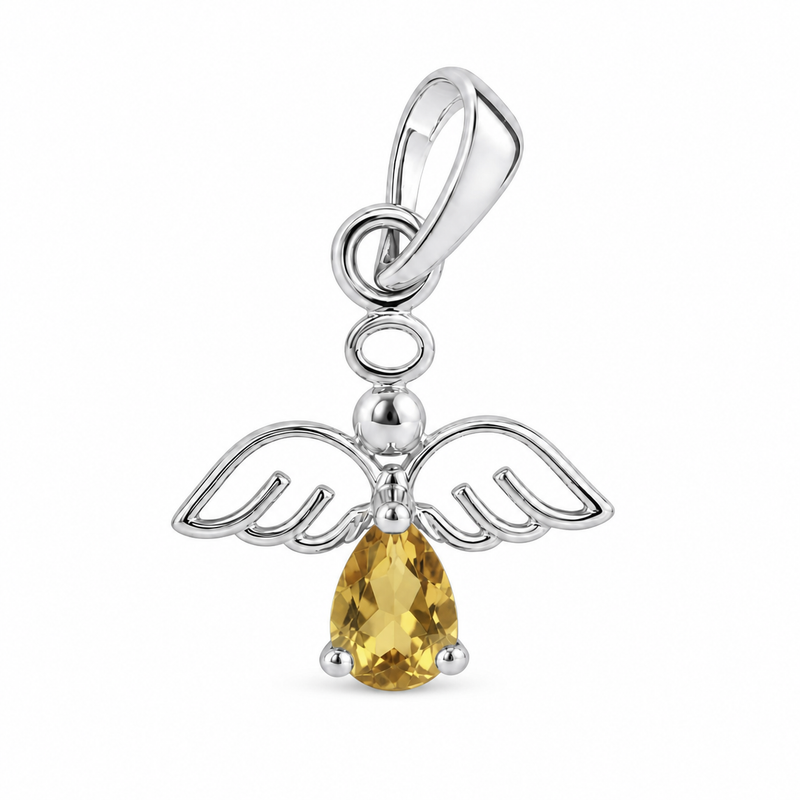 Zilveren engel hanger met druppelvormige edelsteen, gefacetteerd - 925 zilver - 14 x 12 mm · Citrien · detail · steen:citrien