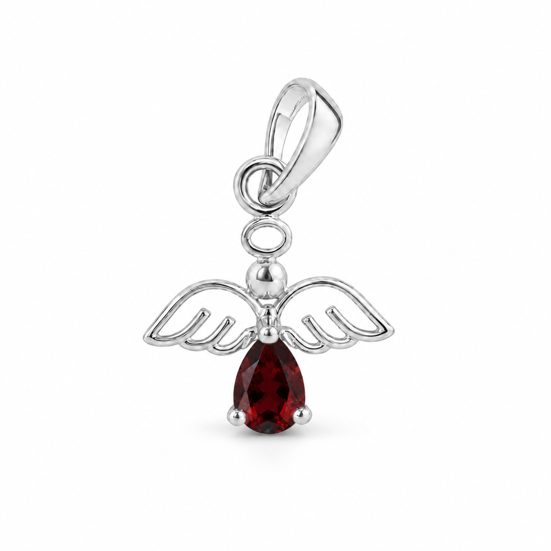 Zilveren engel hanger met druppelvormige edelsteen, gefacetteerd - 925 zilver - 14 x 12 mm · Granaat · detail · steen:granaat