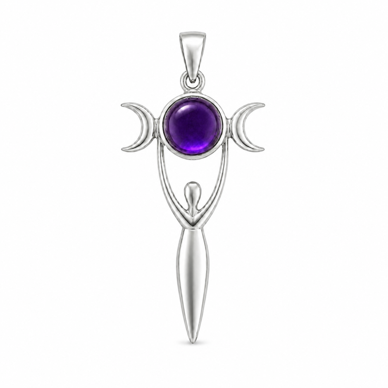 Zilveren Godin van de Aarde, Gaia hanger met edelsteen - 925 zilver - 52 x 22 mm · Amethist · detail · steen:amethist