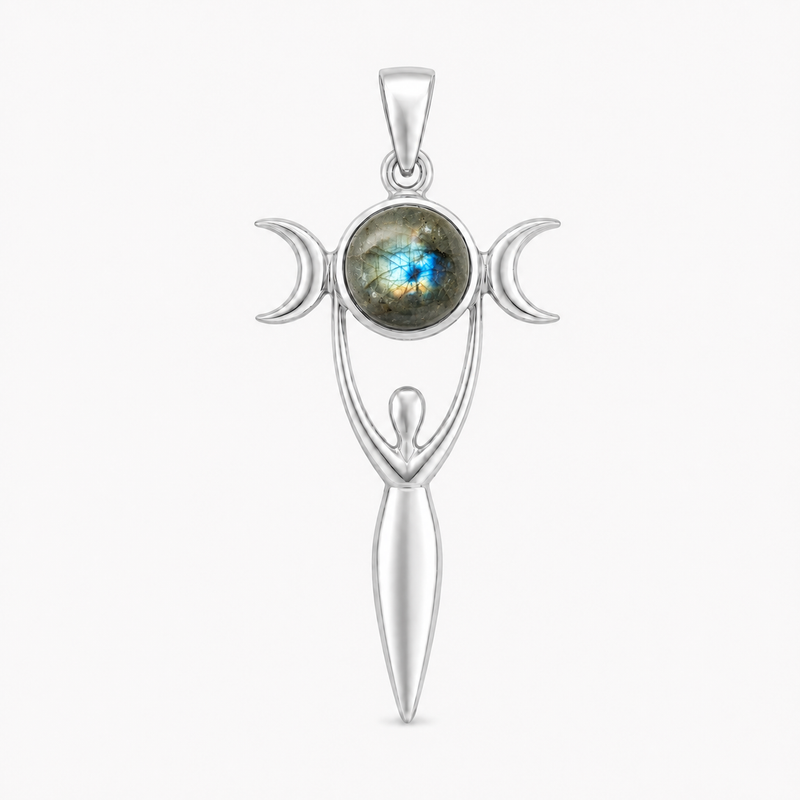 Zilveren Godin van de Aarde, Gaia hanger met edelsteen - 925 zilver - 52 x 22 mm · Labradoriet · productfoto · steen:labradoriet