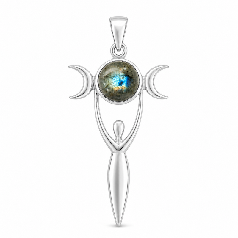 Zilveren Godin van de Aarde, Gaia hanger met edelsteen - 925 zilver - 52 x 22 mm · Labradoriet · detail · steen:labradoriet