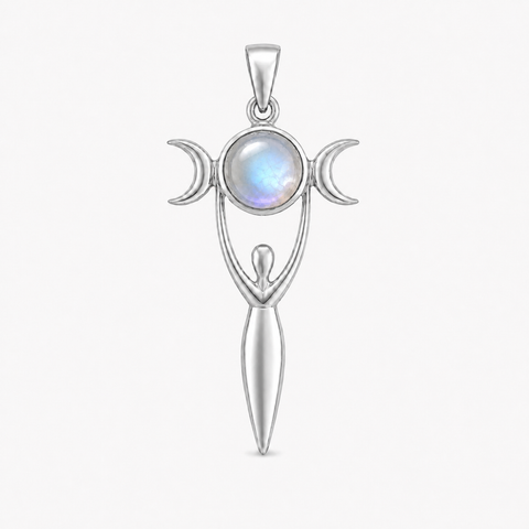 Zilveren Godin van de Aarde, Gaia hanger met edelsteen - 925 zilver - 52 x 22 mm · Regenboog Maansteen