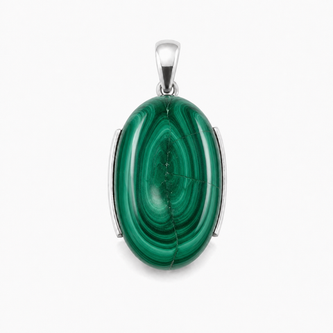 Zilveren hanger met ovaal gezette edelsteen - 925 zilver - 37 x 20 mm · Malachiet