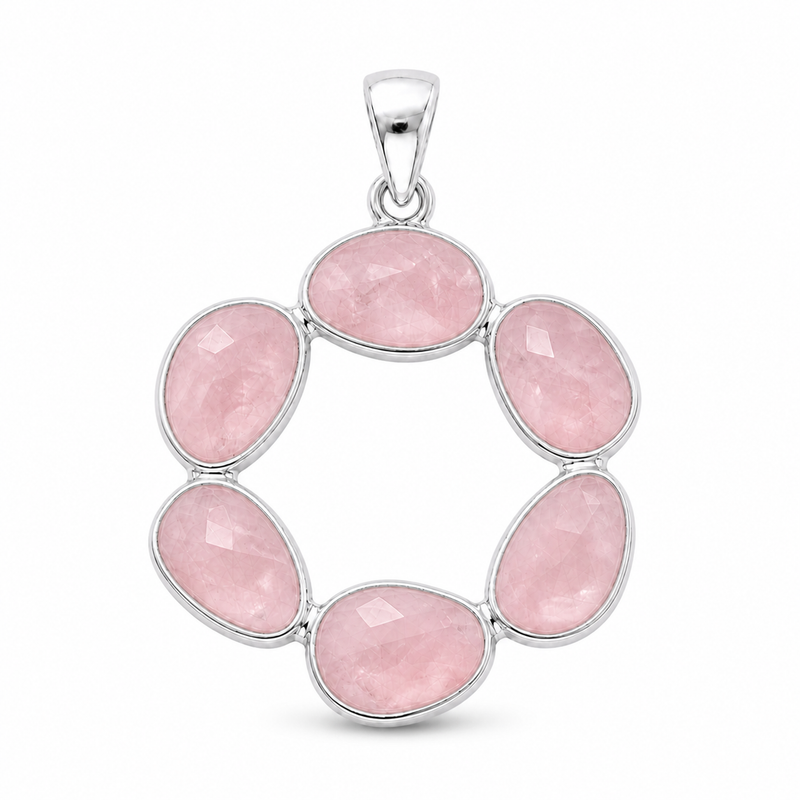 Zilveren hanger met facet geslepen edelsteen - 925 zilver - 28 x 20 mm · Rozenkwarts · detail · steen:rozenkwarts