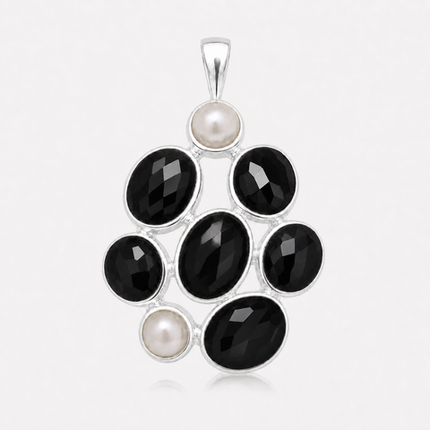 Zilveren hanger met facet geslepen in combinatie met edelsteen - 925 zilver - 40 x 27 mm · Onyx