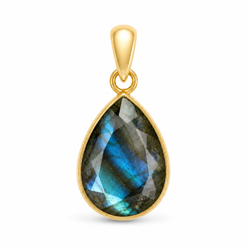 Geel goud vegulde hanger met facet geslepen edelsteen - goldplated zilver - 14 x 10 mm · Labradoriet · detail · steen:labradoriet