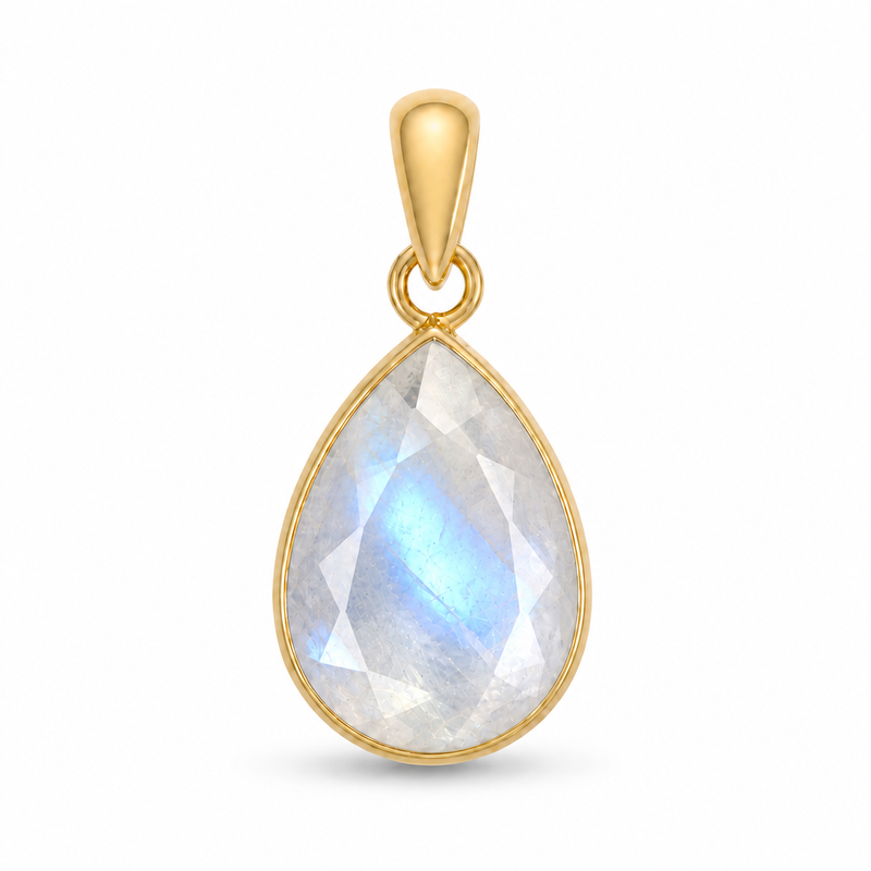 Geel goud vegulde hanger met facet geslepen edelsteen - goldplated zilver - 14 x 10 mm · Regenboog Maansteen · detail · steen:regenboog-maansteen