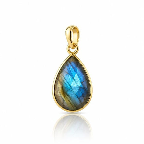 Geel goud vegulde hanger met facet geslepen edelsteen - goldplated zilver - 14 x 10 mm · Labradoriet