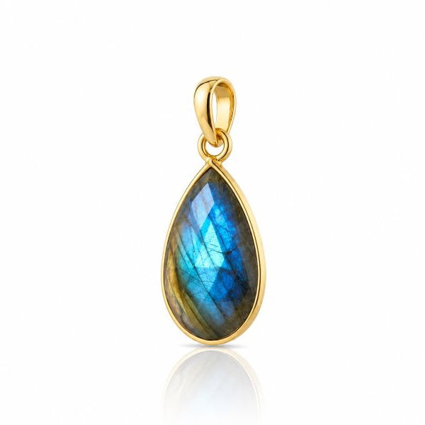 Geel goud vegulde hanger met facet geslepen edelsteen - goldplated zilver - 14 x 10 mm · Labradoriet · productfoto · steen:labradoriet