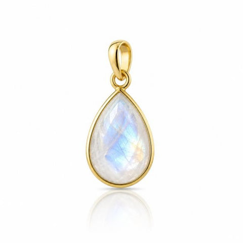 Geel goud vegulde hanger met facet geslepen edelsteen - goldplated zilver - 14 x 10 mm · Regenboog Maansteen