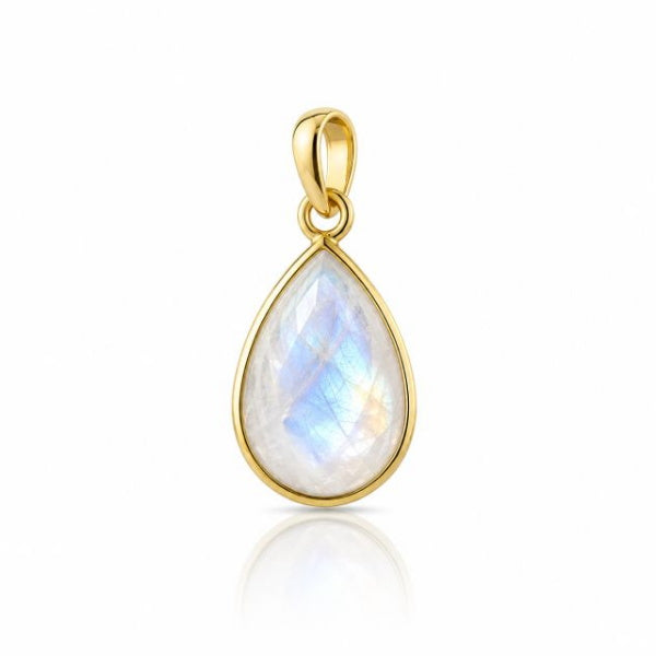 Geel goud vegulde hanger met facet geslepen edelsteen - goldplated zilver - 14 x 10 mm · Regenboog Maansteen · productfoto · steen:regenboog-maansteen