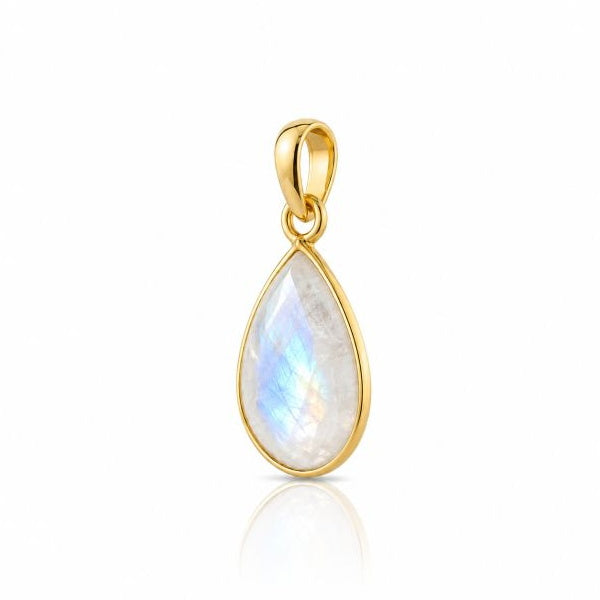 Geel goud vegulde hanger met facet geslepen edelsteen - goldplated zilver - 14 x 10 mm · Regenboog Maansteen · productfoto · steen:regenboog-maansteen