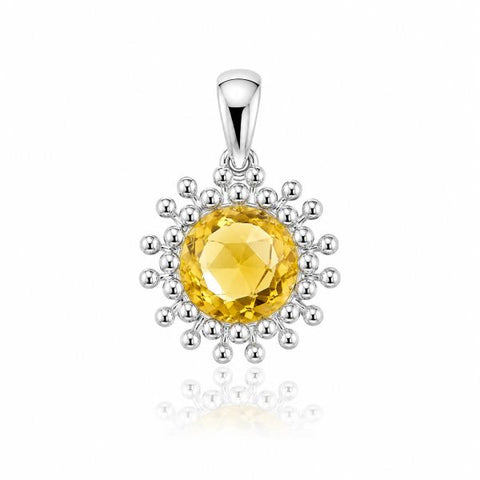 Zilveren hanger met rond gefacetteerd in bolletjeszetting edelsteen - 925 zilver - 25 x 17 mm · Citrien