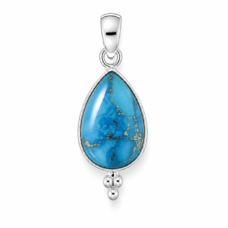 Zilveren hanger met druppelvormig in kap gezette edelsteen - 925 zilver - 12 x 8 mm · Turkoois · detail · steen:turkoois