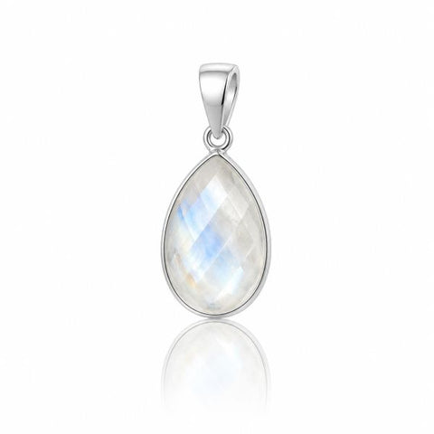 Zilveren hanger met druppelvormig facet geslepen edelsteen - 925 zilver - 26 x 12 mm · Regenboog Maansteen
