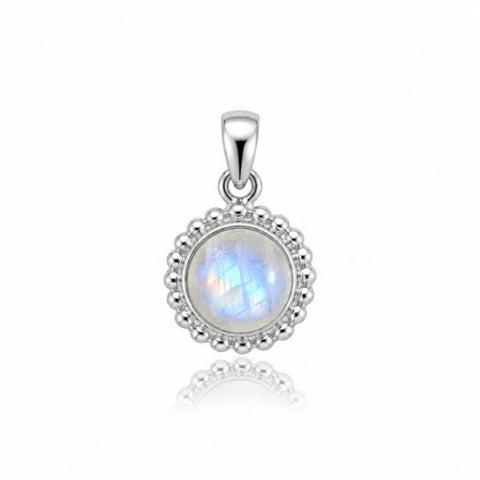 Zilveren hanger met balletjes zetting rondom de edelsteen - 925 zilver - 6 mm · Regenboog Maansteen