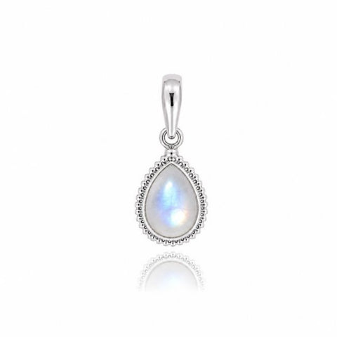 Zilveren hanger met druppelvormig in kraalrand gezette edelsteen - 925 zilver - 9 x 7 mm · Regenboog Maansteen