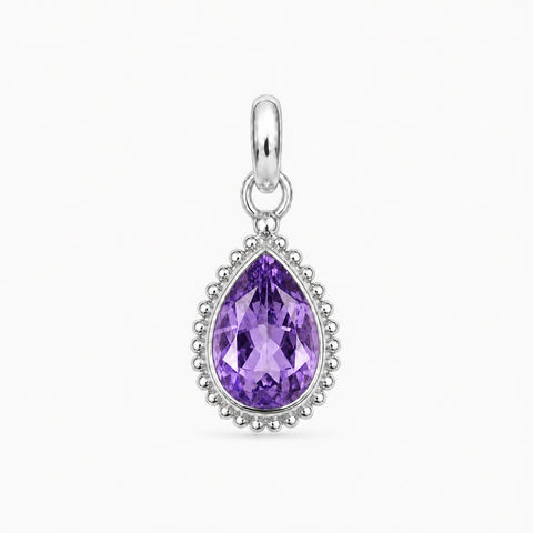 Zilveren hanger met druppelvormig in kraalrand gezette edelsteen - 925 zilver - 9 x 7 mm · Amethist