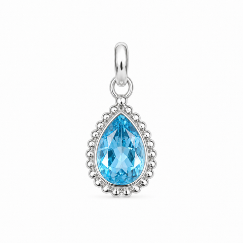 Zilveren hanger met druppelvormig in kraalrand gezette edelsteen - 925 zilver - 9 x 7 mm · Blauwe Topaas